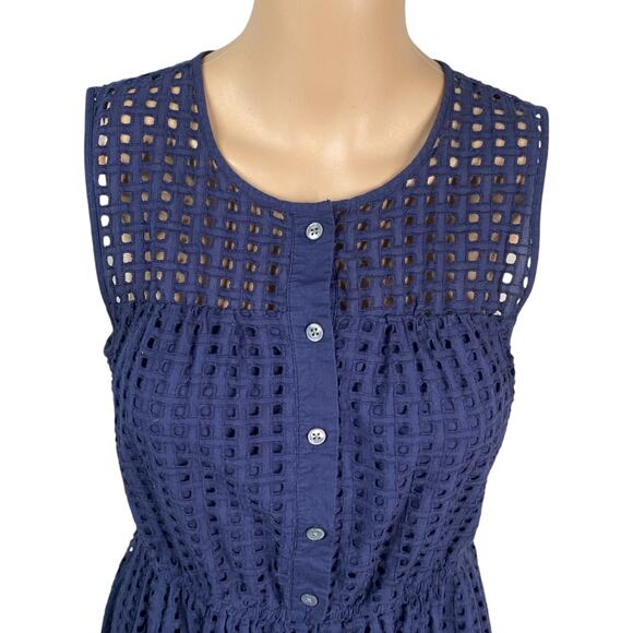 J.Crew Navy Blue Henley Embroidered Eyelet Midi Tea Dress SZ 6 - Picture 5 of 10